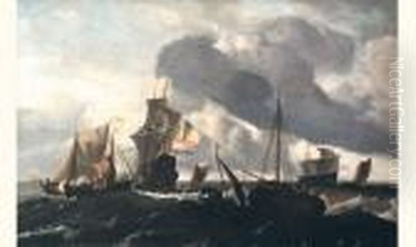 Bateau De Guerre Hollandais Et Autres Bateaux Sur Une Mer Agitee - view 1