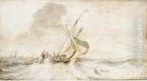 An English Hooker In A Strong Breeze Off A Coast With Tall Cliffs by Ludolf Backhuysen