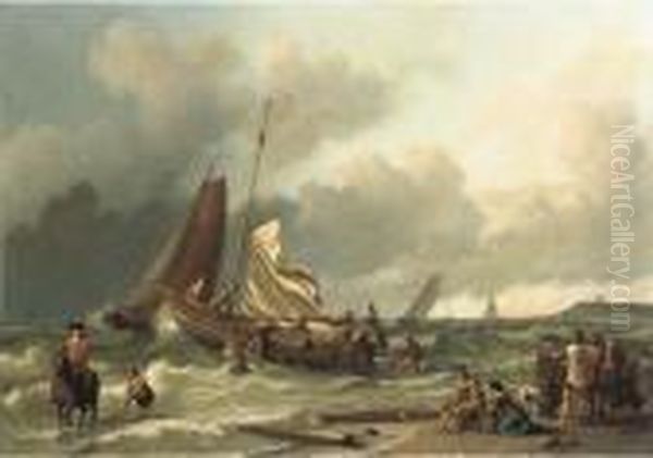 A Dutch Fishing Boat In A Squall
 With An Elegant Man On Horsebackin The Shallow Tide, Other Fishing 
Vessels Beyond - view 1