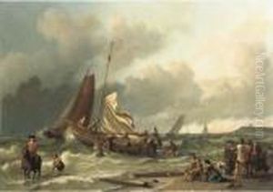 A Dutch Fishing Boat In A Squall
 With An Elegant Man On Horsebackin The Shallow Tide, Other Fishing 
Vessels Beyond by Ludolf Backhuysen