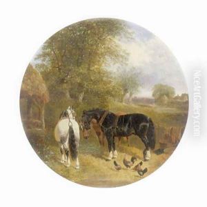 Farm Animals, Plough Horses and Chickens by John Frederick Herring Snr