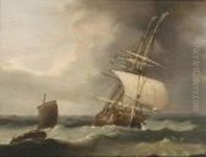 A Ship And Fishing Boat In Rough Seas by Ludolf Backhuysen