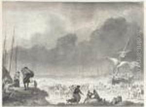A Ship Wrecked On A Shore On A Stormy Night, With Survivors Salvaging Their Goods by Ludolf Backhuysen