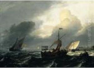 Small Dutch Vessels In Breezy Coastal Waters, A Harbour Beyond by Ludolf Backhuysen