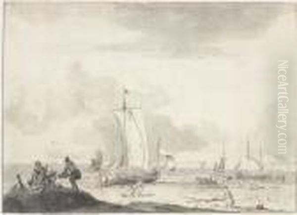 A Coastal Scene With Sailing Boats And Figures On A Beach - view 1