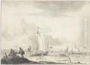 A Coastal Scene With Sailing Boats And Figures On A Beach by Ludolf Backhuysen
