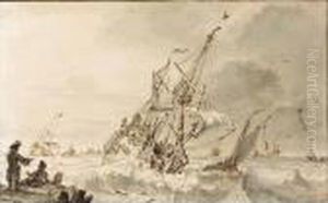 A Man-of-war On A Choppy Sea, Figures On A Jetty On The Left by Ludolf Backhuysen