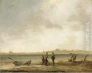 A Coastal Landscape With Fishermen With Their Catch In Theforeground by Ludolf Backhuysen