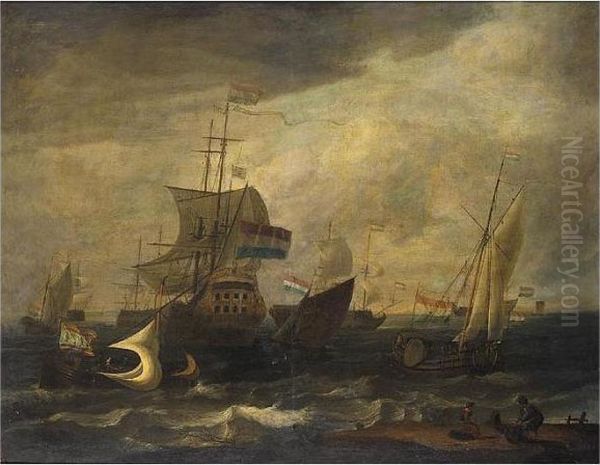 Dutch Shipping In A Moderate
Wind, With A Fisherman And His Wife Preparing Their Nets On The Beach In
The Foreground - view 1