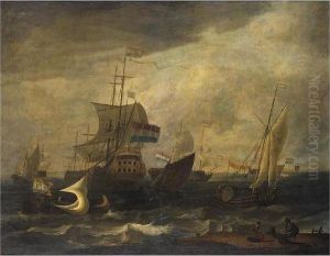 Dutch Shipping In A Moderate
Wind, With A Fisherman And His Wife Preparing Their Nets On The Beach In
The Foreground by Ludolf Backhuysen