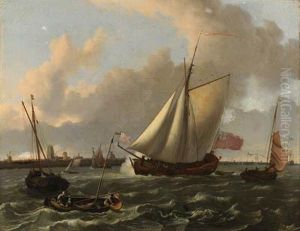 A British Sloop And Other Shipping In A Stiff Breeze On The Maas Bydordrecht by Ludolf Backhuysen