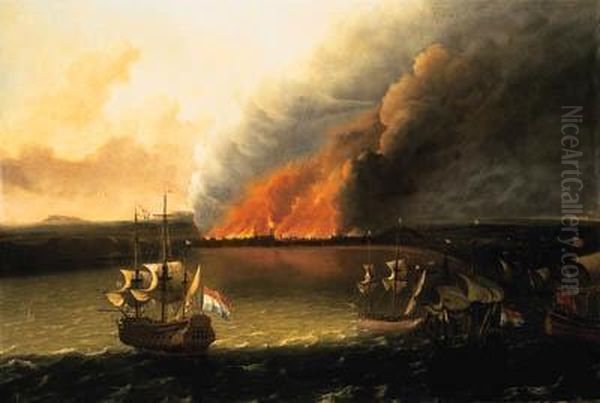 Dutch Men-of-war Pursuing A
British Man-of-war, A Town Burningbeyond, Possibly The Dutch Raid On
Chatham In 1667
Bears Signature 'lbakhuysen' - view 1