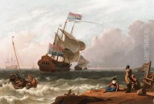A Dutch Man-of-war In A Stiff Breeze With Fisherfolk In Theforeground