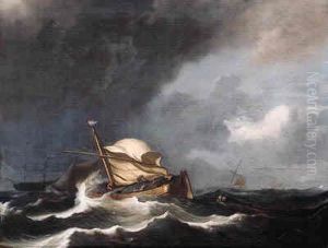A Wijdschip, Sails Reefed, As A Storm Approaches by Ludolf Backhuysen