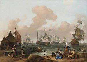 Coastal Scene With The Dutch Fleet Under Way, Peasants By A Jettyin The Foreground