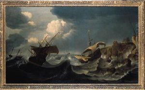 A Dutch Merchantman And Other Shipping Foundering In A Storm Off Acoastline by Ludolf Backhuysen