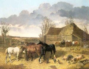 Horses Eating From Manger with Pigs and Chickens in Farm Yard by John Frederick Herring Snr