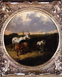 Horses by a Roller in a Meadow by John Frederick Herring Snr