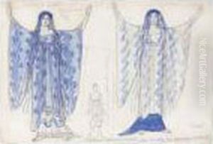 Costume Design For Two Girls With Shawls In Phaedre by Leon Samoilovitch Bakst