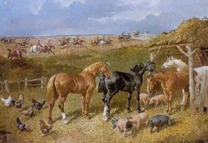 Hunters Poultry and Pigs with Foxhunt in Background by John Frederick Herring Snr