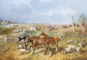 Hunters Poultry Pigs and a Fox with Hunt Beyond by John Frederick Herring Snr