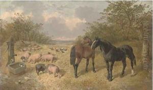A bay and a black horse, pigs and chickens beside a trough by John Frederick Herring Snr