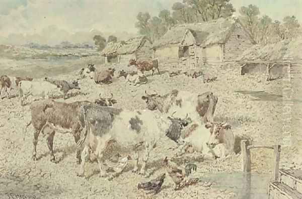 A farmyard scene with cattle, poultry and pigs - view 1
