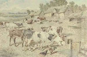 A farmyard scene with cattle, poultry and pigs by John Frederick Herring Snr
