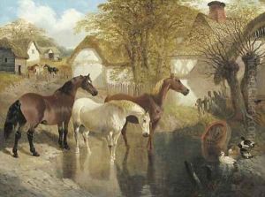 Horses and ducks by a farm pond by John Frederick Herring Snr