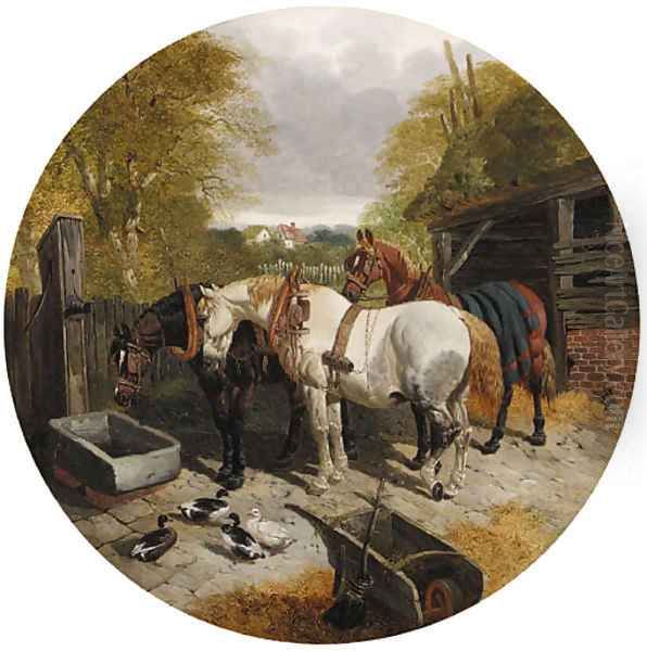 Horses at a trough, with ducks, on in a foreground - view 1