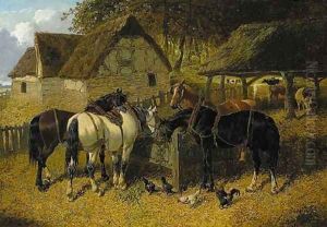 Horses feeding in a farmyard, with chickens, and cattle beyond by John Frederick Herring Snr
