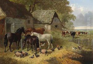 Horses, Cattle, Pigs, Chickens and Ducks in a Farmyard by John Frederick Herring Snr