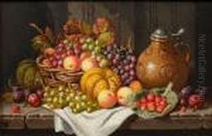 Still Life Of Fruit And A Stoneware Bellarmine On A Stone Ledge by Charles Thomas Bale