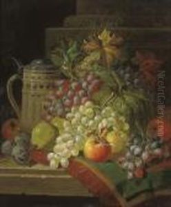 Grapes, Pears, Apples, Damsons And Apples With A Tankard, On A Ledge
