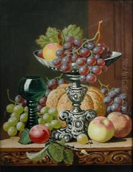 Still Life Of A Bunch Of Grapes On A Tazza, A Roemer, A Pumpkin, Apples And Plums - view 1
