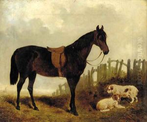 A saddled dark brown hunter with two dogs in a landscape