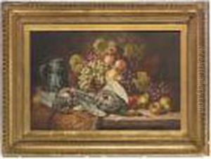 Partridges, A Tankard, Grapes, Peaches, Pears And Apples On A Wooden Ledge by Charles Thomas Bale