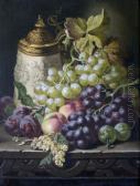 Rheinish Flagon And Fruit On An Oak Table - view 1