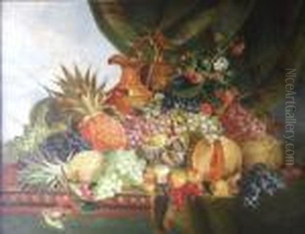 A Still Life With Pineapple, Melons, Grapes And A Ewer On A Table Top by Charles Thomas Bale