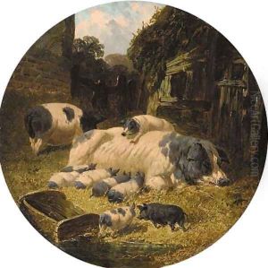 Berkshire saddlebacks with pigs and piglets in a farmyard by John Frederick Herring Snr