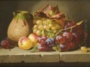 Fruit And An Earthenware Jug On A Stone Ledge