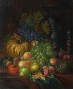 Pumpkin, Black And Green Grapes, Plums,peaches And Other Fruit On A Table