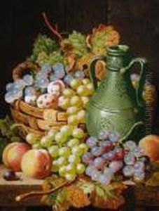 Still Life Of Fruit And A Pottery Vase Restingon A Table