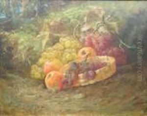A Still Life With Grapes, Apples And Wicker Basket by Charles Thomas Bale