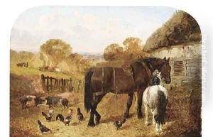 Horses, pigs and chickens in a farmyard by John Frederick Herring Snr