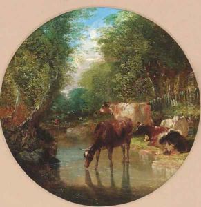 Cattle watering in a wooded landscape by John Frederick Herring Snr
