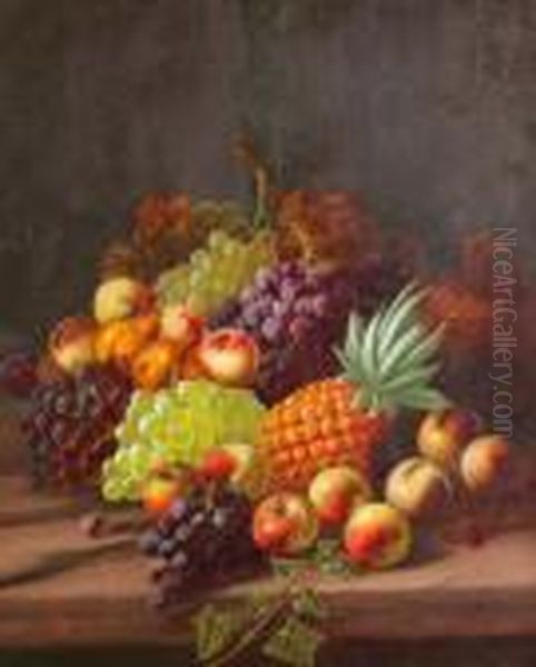 Stilllife Study Of Pears, Grapes, Pineapple And Apples On A Wooden - view 1
