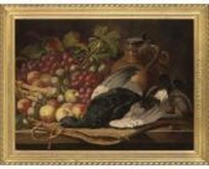 Blackcock, An English Partridge, Apples, Grapes And A Pitcher On A Table by Charles Thomas Bale