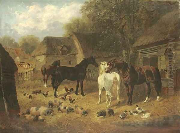 Horses, pigs and ducks outside a stable - view 1