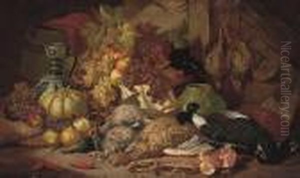 Dead Game, Fruit, A Vase And Ewer In A Timbered Interior - view 1
